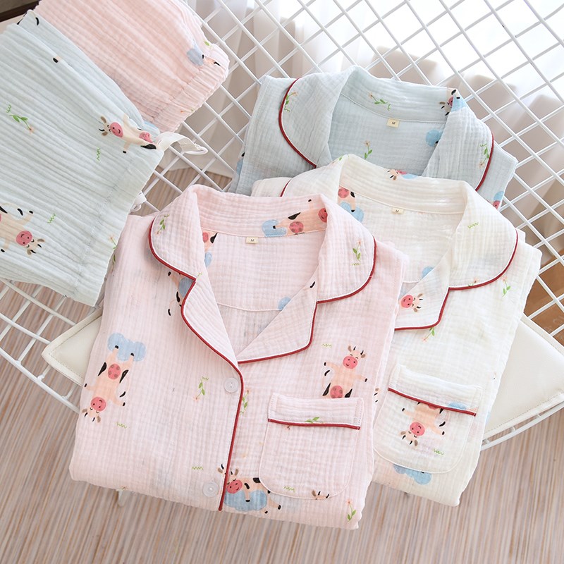 春夏日系薄款纯棉双层纱布月子和服产后睡衣绉布全棉喂奶哺乳套装