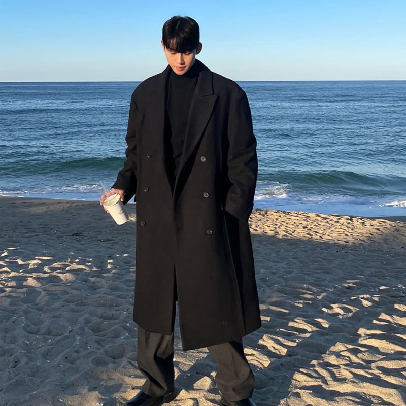 潮牌宽松呢子h大衣男中长款冬季加厚男士风衣韩系男生毛呢外套秋