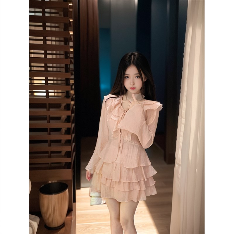 荷叶边系带v领长袖上衣套装女春夏温柔风高L腰a字蓬蓬半身裙两件