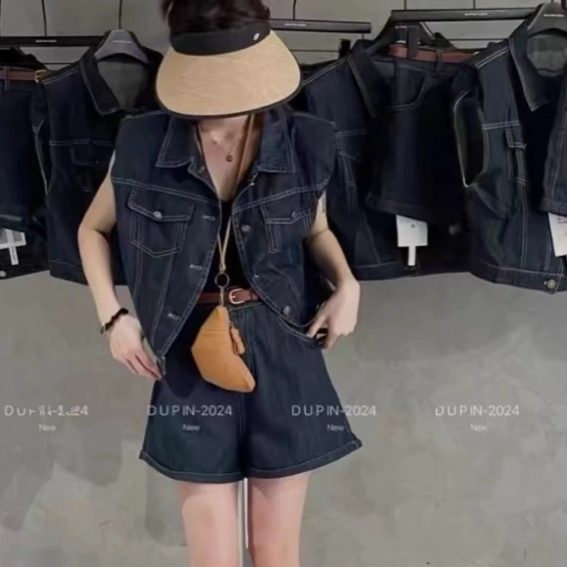 D054韩版f牛仔短袖外套高腰显瘦阔腿短裤套装女甜酷辣两件套0.46