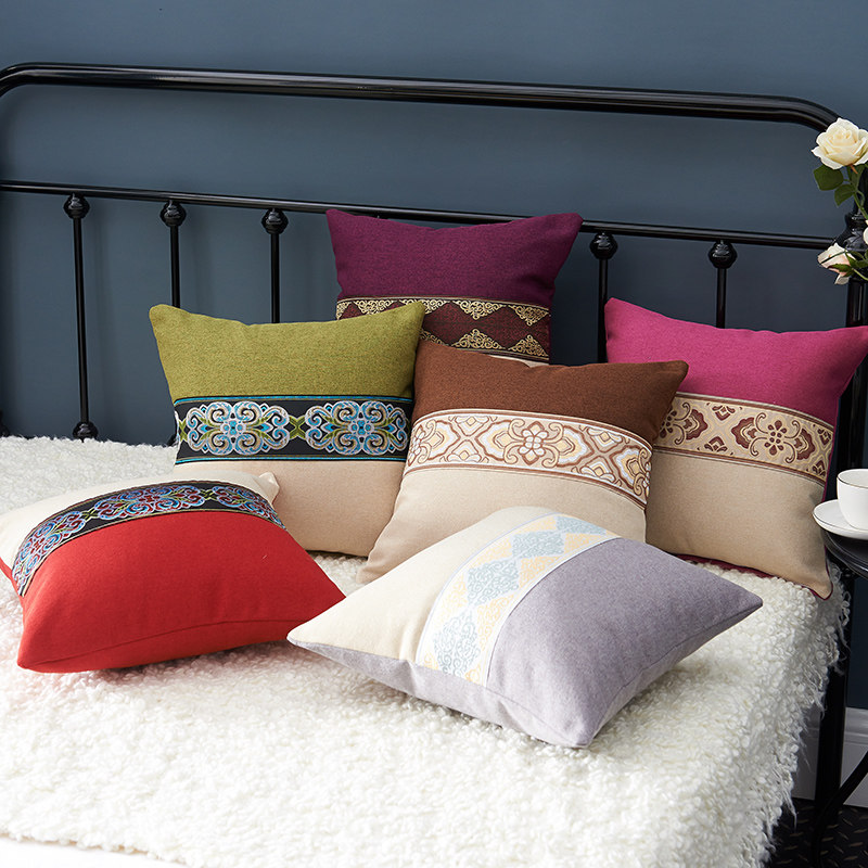 新中式棉麻亚麻纯色条纹沙发抱枕靠枕座椅靠垫腰枕靠背套不含芯