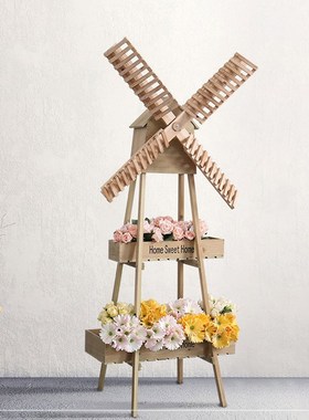 美式复古创意风车花架摆件家居阳台软装饰品木质置物架奶咖店支架