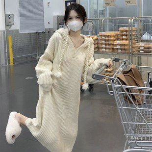 宽松毛衣针织裙气质加厚慵懒风连帽连H衣裙中长款 女秋 子冬季 新款