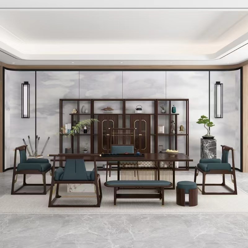 新中式实木茶桌椅组合办公室现代轻奢风乌金木禅意博古架套装一体