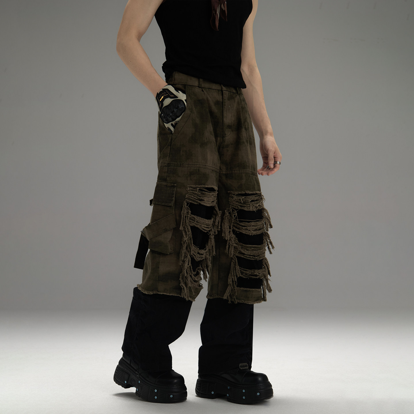 GALAXOR 美式复古假两件工装裤宽松小众撞色拼接军绿迷彩牛仔长裤,男装,时尚工装裤,淘宝优惠券,粉丝福利购,淘宝优惠卷