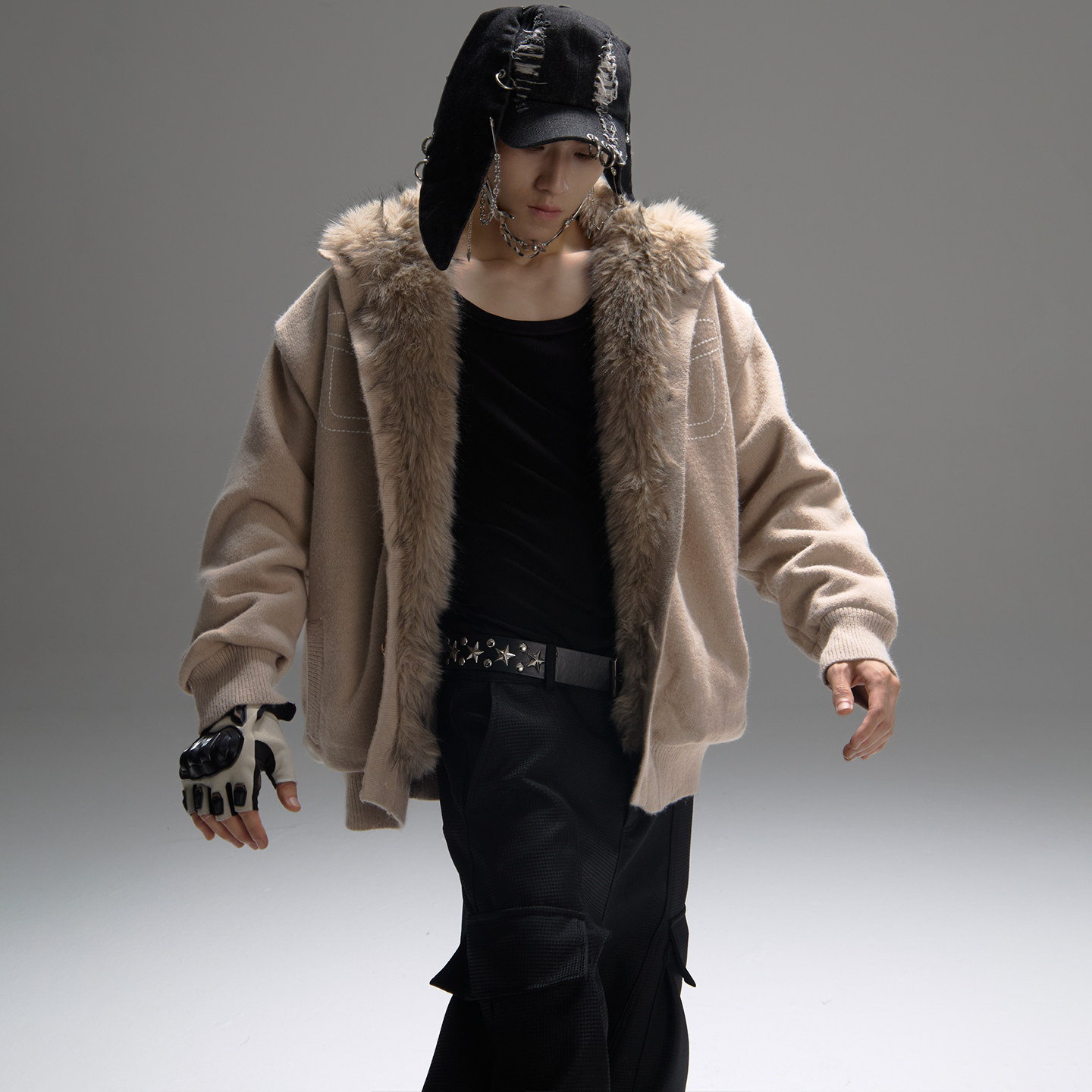 GALAXOR 重工座山雕毛衣明线假口袋设计针织开衫宽松百搭外套男女