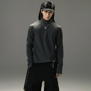 GALAXOR 极简正肩修身T恤内搭立领半拉链纯色百搭长袖打底衫男女