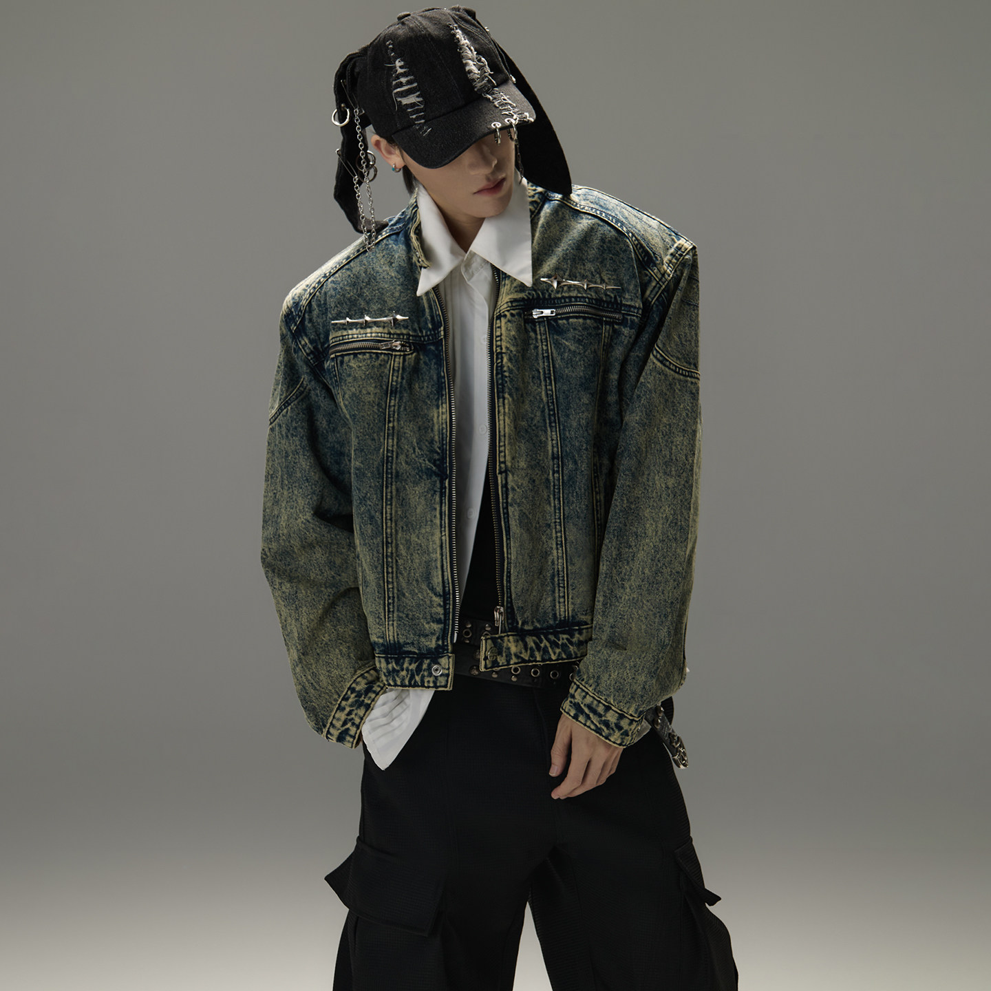 GALAXOR 美式复古水洗短款夹克廓形垫肩设计金属点缀牛仔外套男女,男装,牛仔外套,淘宝优惠券,粉丝福利购,淘宝优惠卷