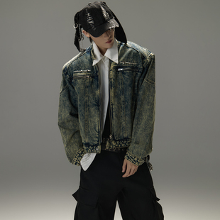 GALAXOR 美式复古水洗短款夹克廓形垫肩设计金属点缀牛仔外套男女