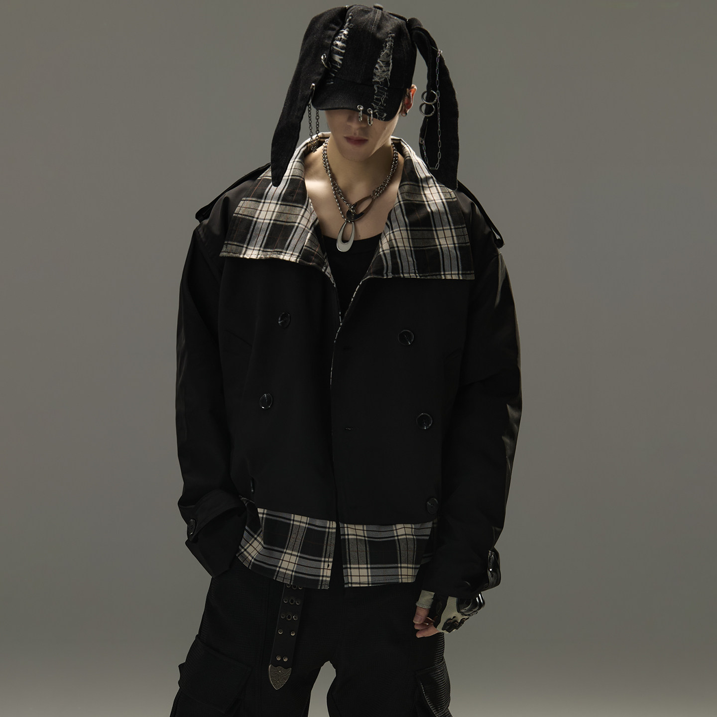 GALAXOR 假两件格纹衬衫拼接夹克高领复古设计感宽松风衣外套男女,男装,夹克,淘宝优惠券,粉丝福利购,淘宝优惠卷