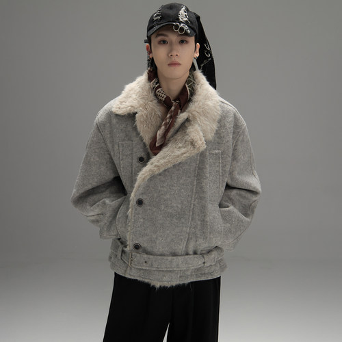 galaxor双排扣羊毛混纺棉服外套