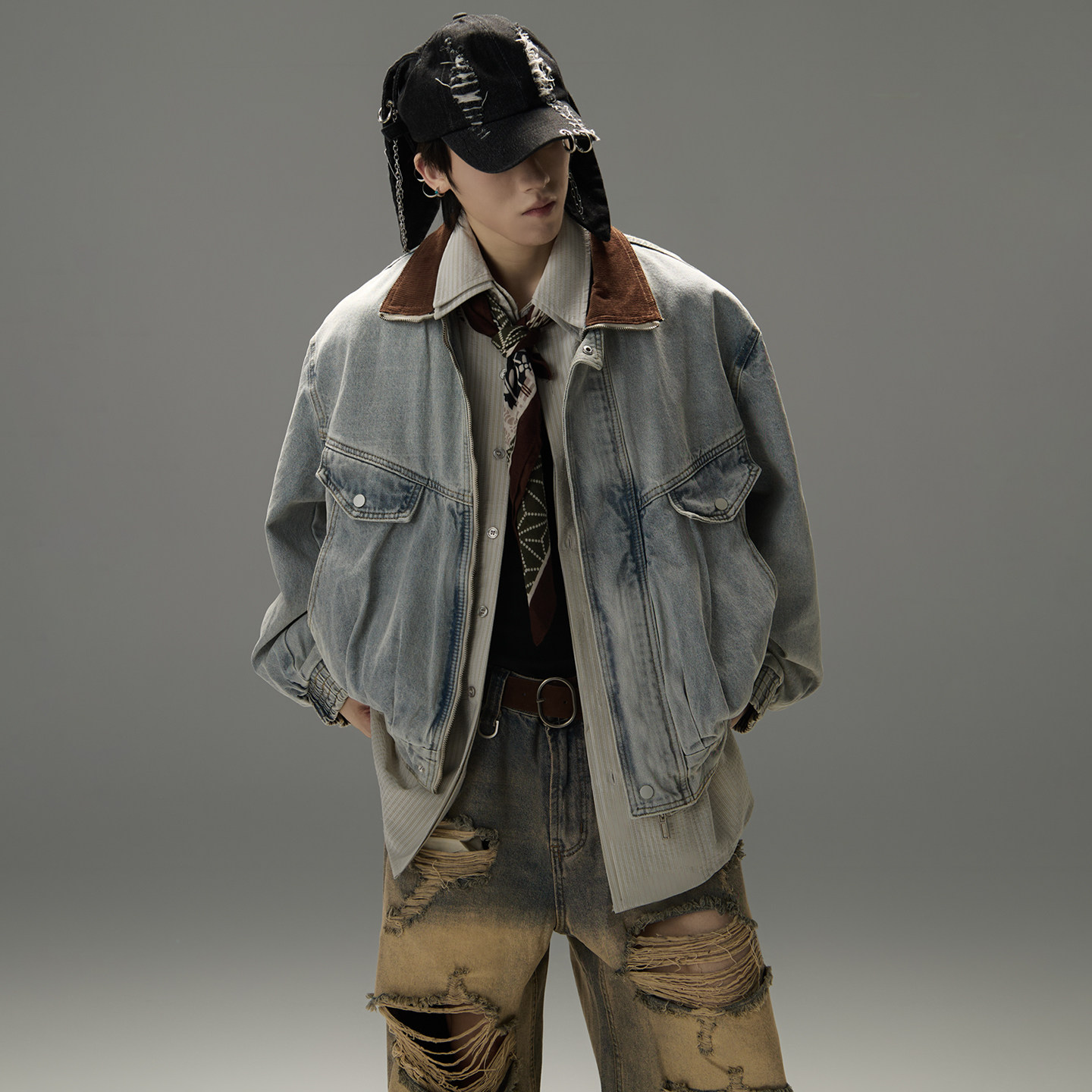 GALAXOR 美式复古水洗牛仔外套翻领撞色拼接宽松春季百搭夹克男女,男装,牛仔外套,淘宝优惠券,粉丝福利购,淘宝优惠卷