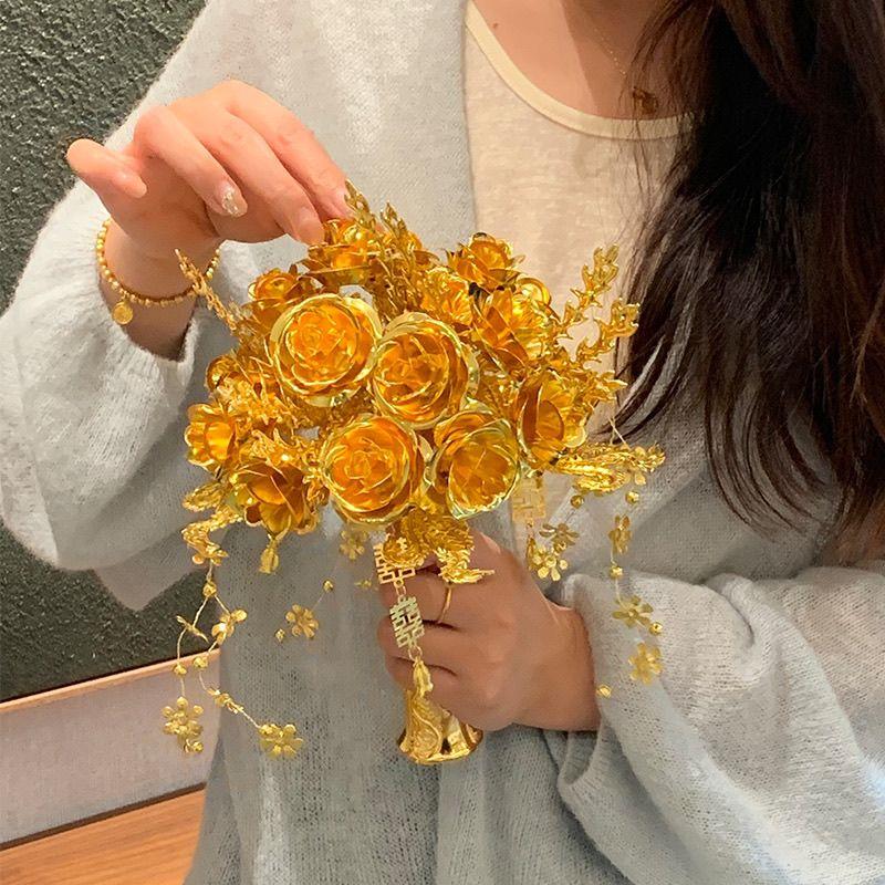 金色玫瑰花新娘结婚礼物闺蜜手捧花高级婚礼新婚手工制作diy材料