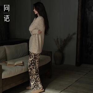 同语睡衣女2025新款秋冬半边绒加绒家居服豹纹长袖保暖珊瑚绒套装