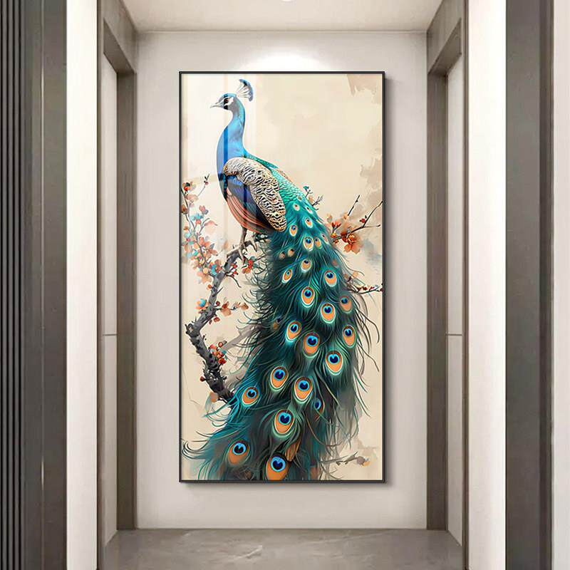 玄关装饰画竖版走廊过道挂画中国风入户客厅正对门墙画孔雀壁画