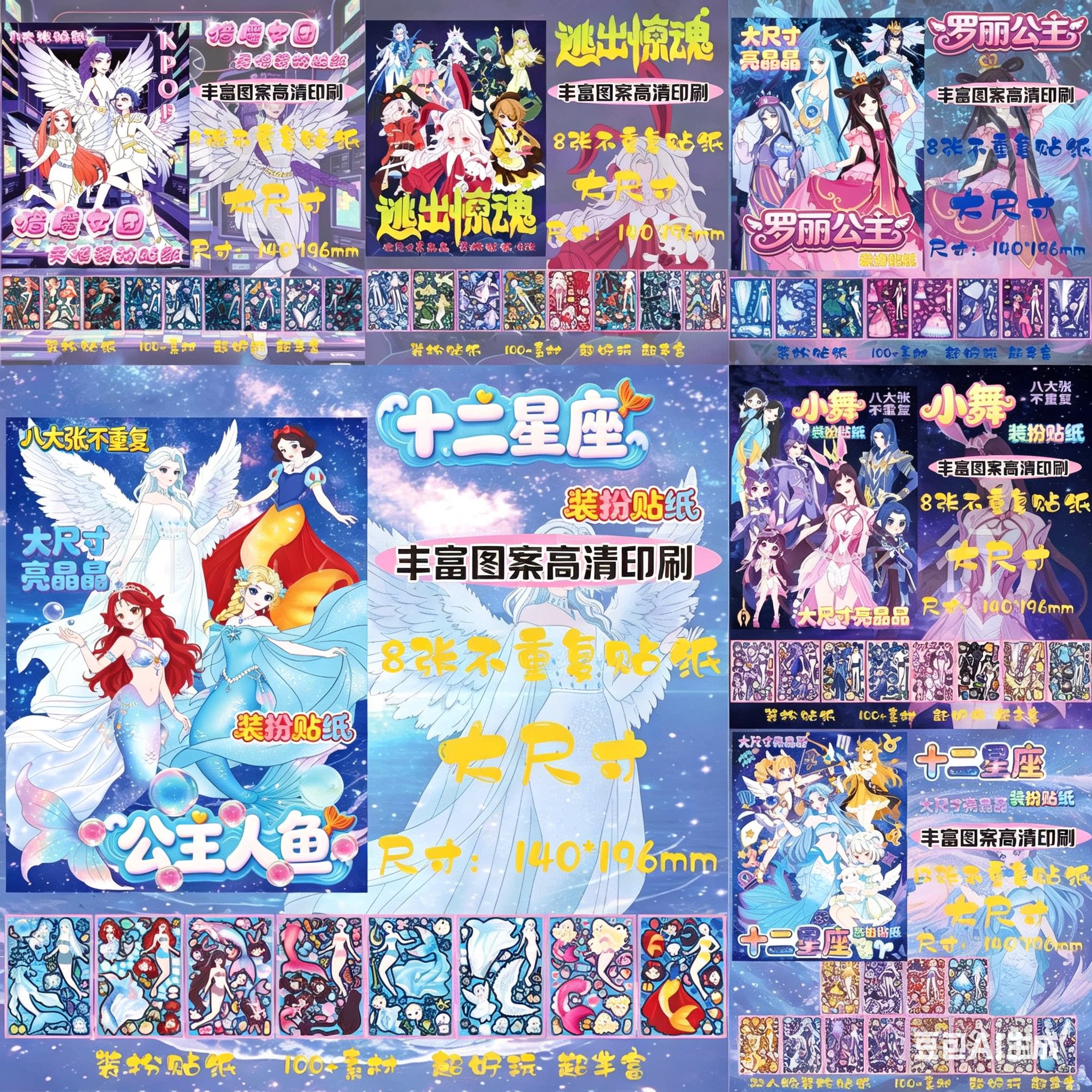 新款公主贴纸大尺寸亮晶晶女童超爱生日礼物逃出主题猎魔女团装扮