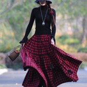 秋格 素心自制复古长裙格子春秋女全棉超长大摆跳舞裙子半身裙