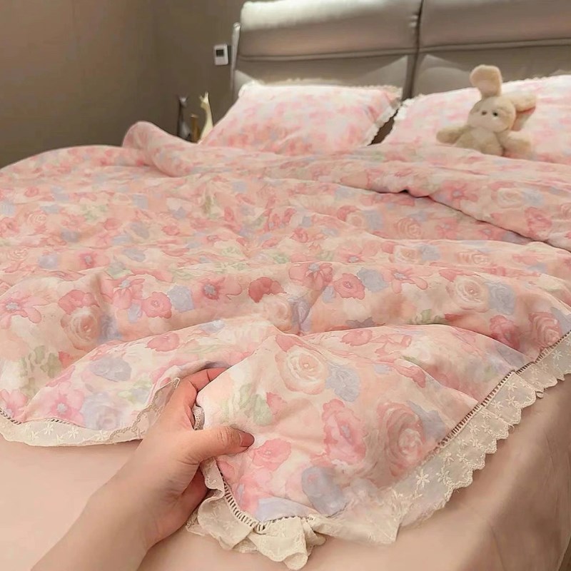 法式碎花双层纱纯棉床上四件套1.5米全棉蕾丝花边被套床单三件套