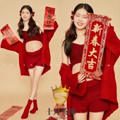 孕妇照服装 情侣夫妻圣诞主题艺术照衣H服新年红色毛衣拍照摄影写