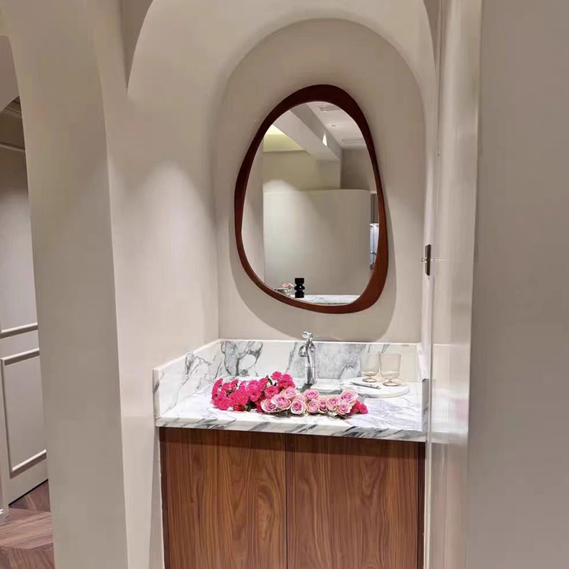 新中式复古防雾梳妆镜家用卫生间中古化妆镜客厅玄关不规则装饰镜