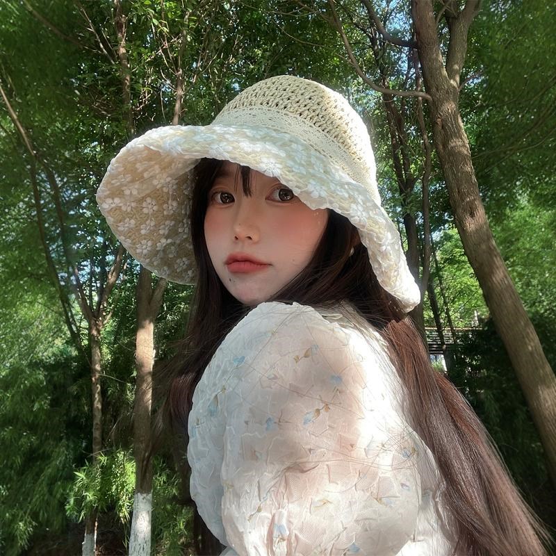 帽子假发一体女长发春夏甜美草帽蕾丝度假出游防晒沙滩遮阳帽