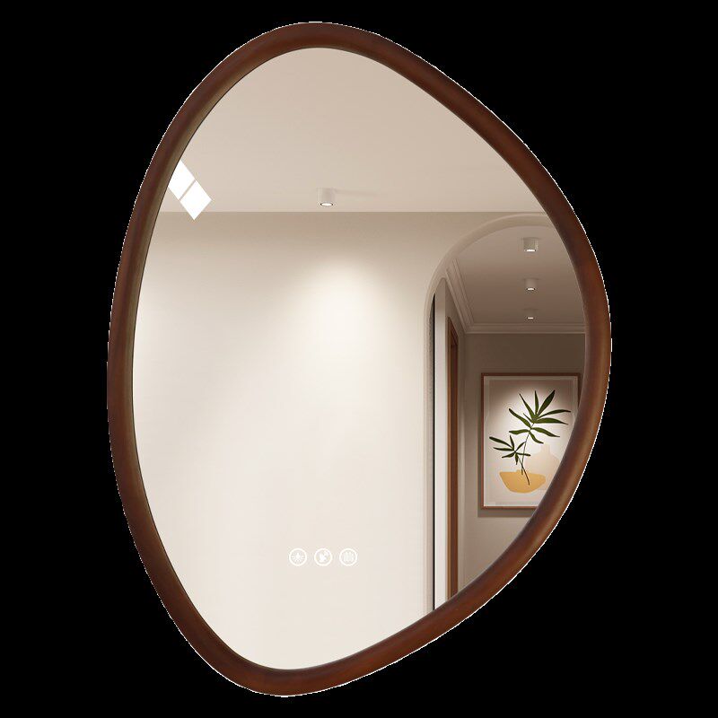 OLN侘寂风实木边框斗柜镜子中古风智能浴室镜LD带灯玄关装饰镜