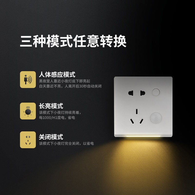 嵌入式五孔插座带小夜灯感应灯床头自动人体地脚灯过道灯墙壁智能