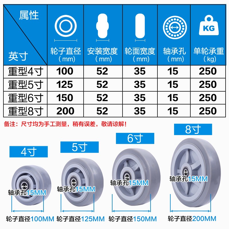 橡胶静音万向轮重型4/6/8寸TPR带刹车脚轮平板手推车载重轮子轱辘
