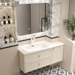 定制法式橡木切角陶瓷一体盆浴室柜奶油风洗手洗脸盆洗漱台