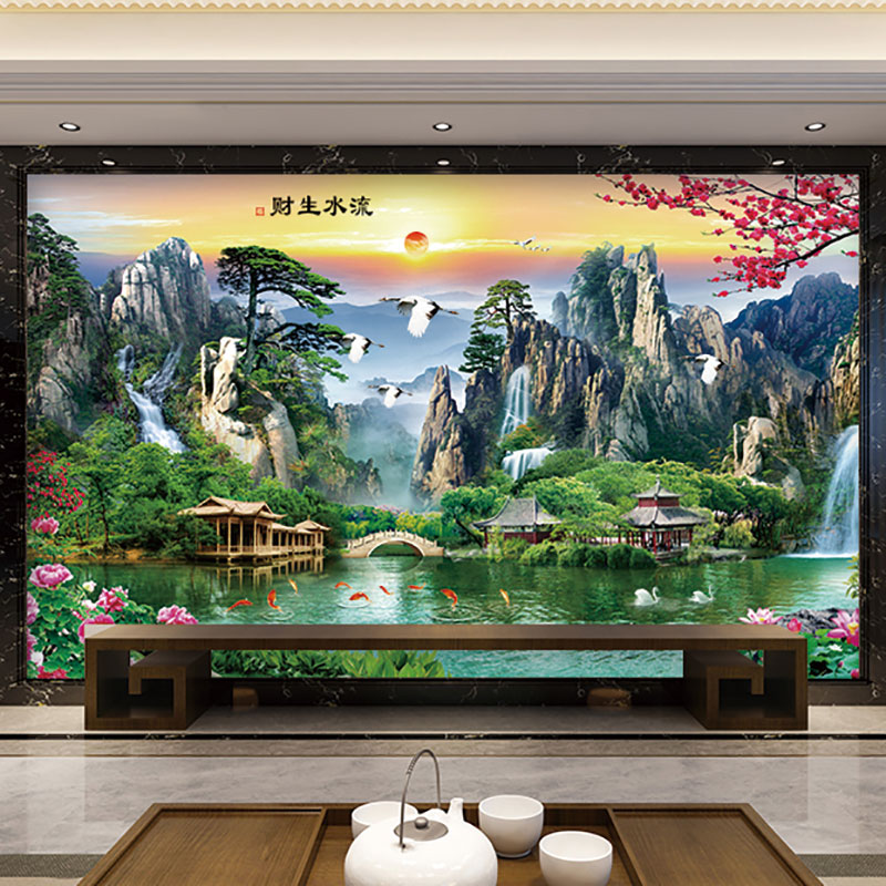 山水画自黏贴纸中式风景画墙贴画客厅沙发背景墙壁画办公室装饰画