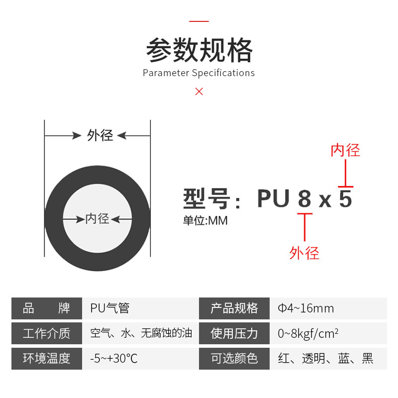 气动PU气管空压机透明管气动软管PU8X54/6/8/10/12/16/14mm
