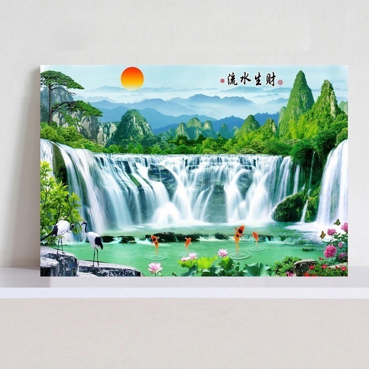 山水风景画 迎客松 瀑布客厅无框画装饰画单幅无框画挂画壁画日出图片