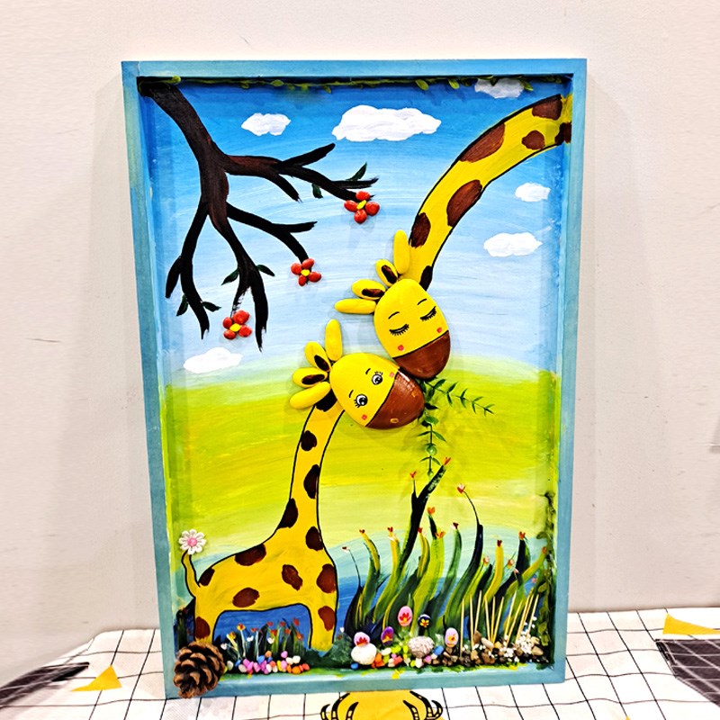 长颈鹿手绘石头画diy材料包小朋友零基础也会画幼儿园手工装饰画图片
