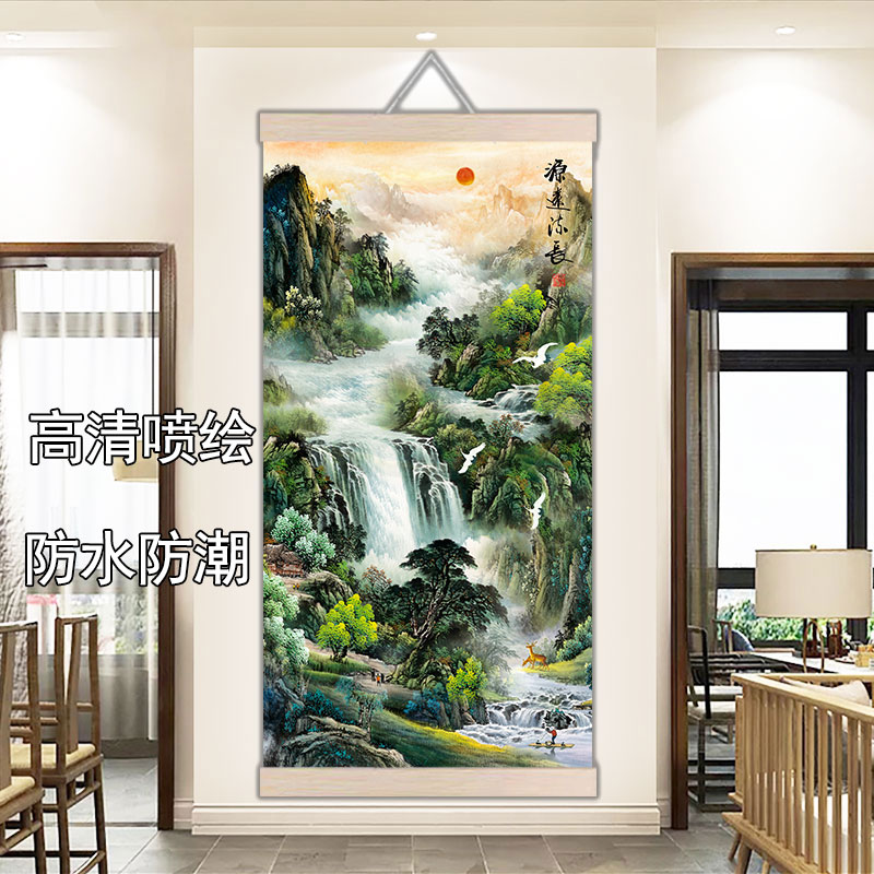 客厅装饰画山水风景画源远流长单幅挂画迎客松防水油画布画