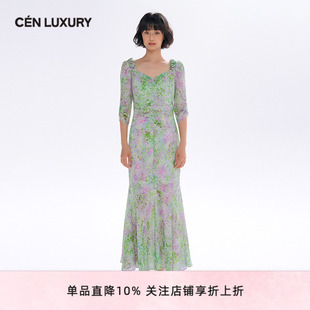 奢辰夏季 法式 CENLUXURY 新款 鱼尾连衣裙 轻奢风时尚 高级感碎花修身