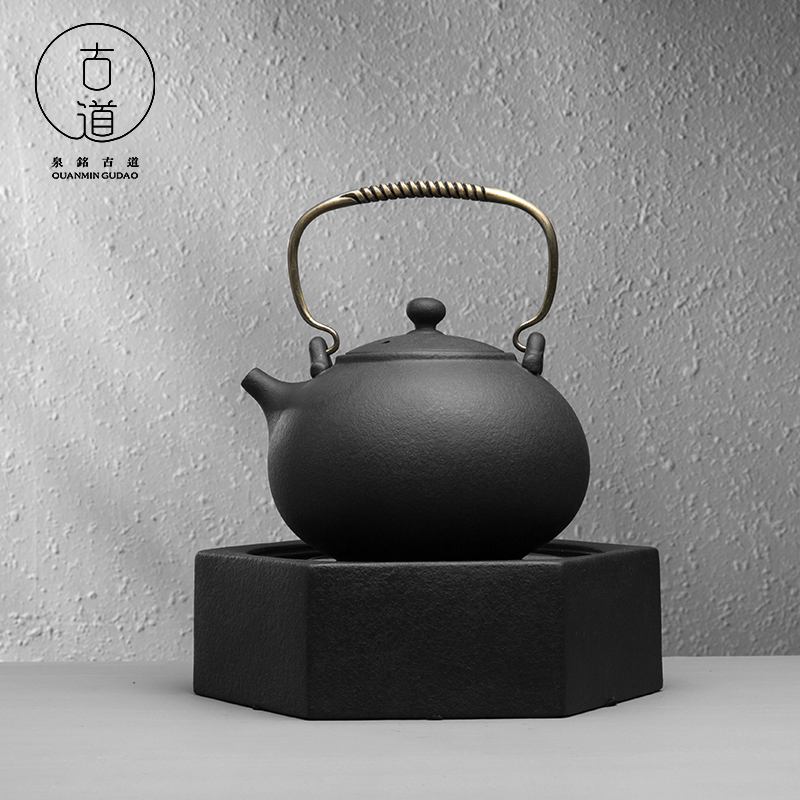 火山石陶瓷提梁壶茶具黑晶炉家用烧水壶明火煮茶壶陶壶围炉煮茶器