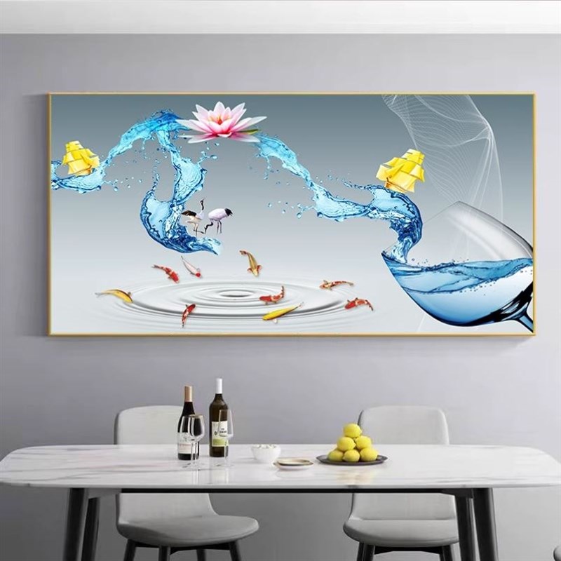 招财九鱼图餐厅装饰画吃饭厅新中式饭桌高档挂画餐桌背景墙面壁画图片