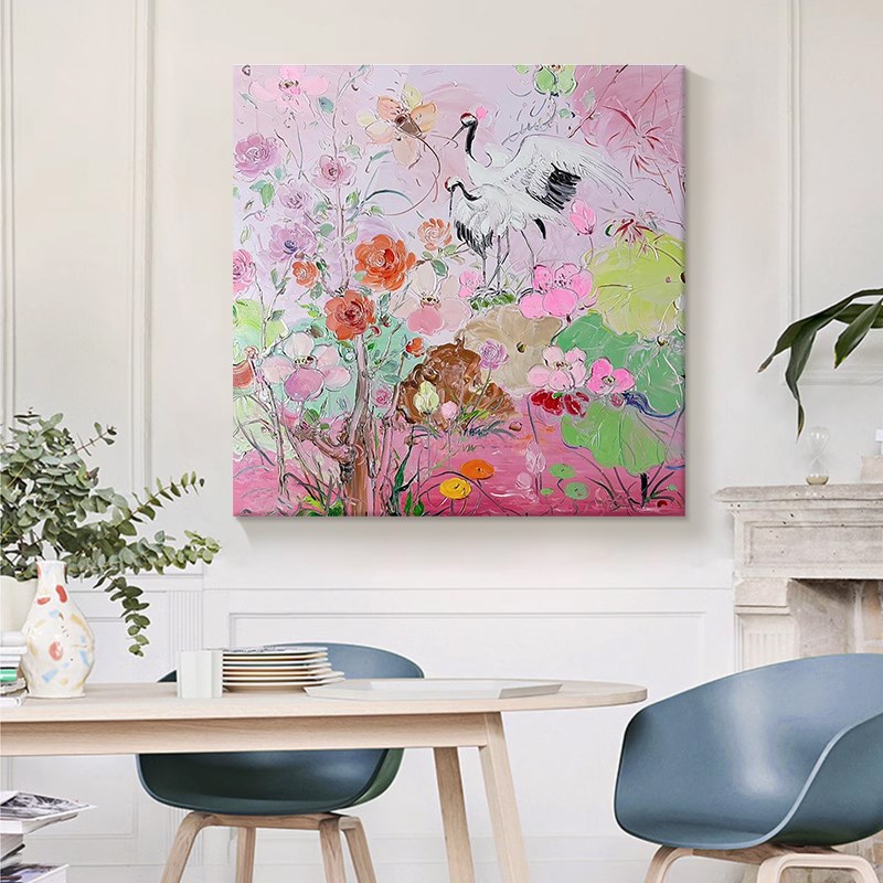 仙鹤呈祥玄关手绘油画抽象花卉立体肌理客厅装饰画国风丹顶鹤挂画图片