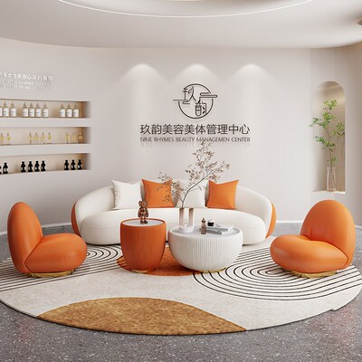 2024新款科技皮小型沙发茶几美容院服装店休息区接待轻奢三人弧形