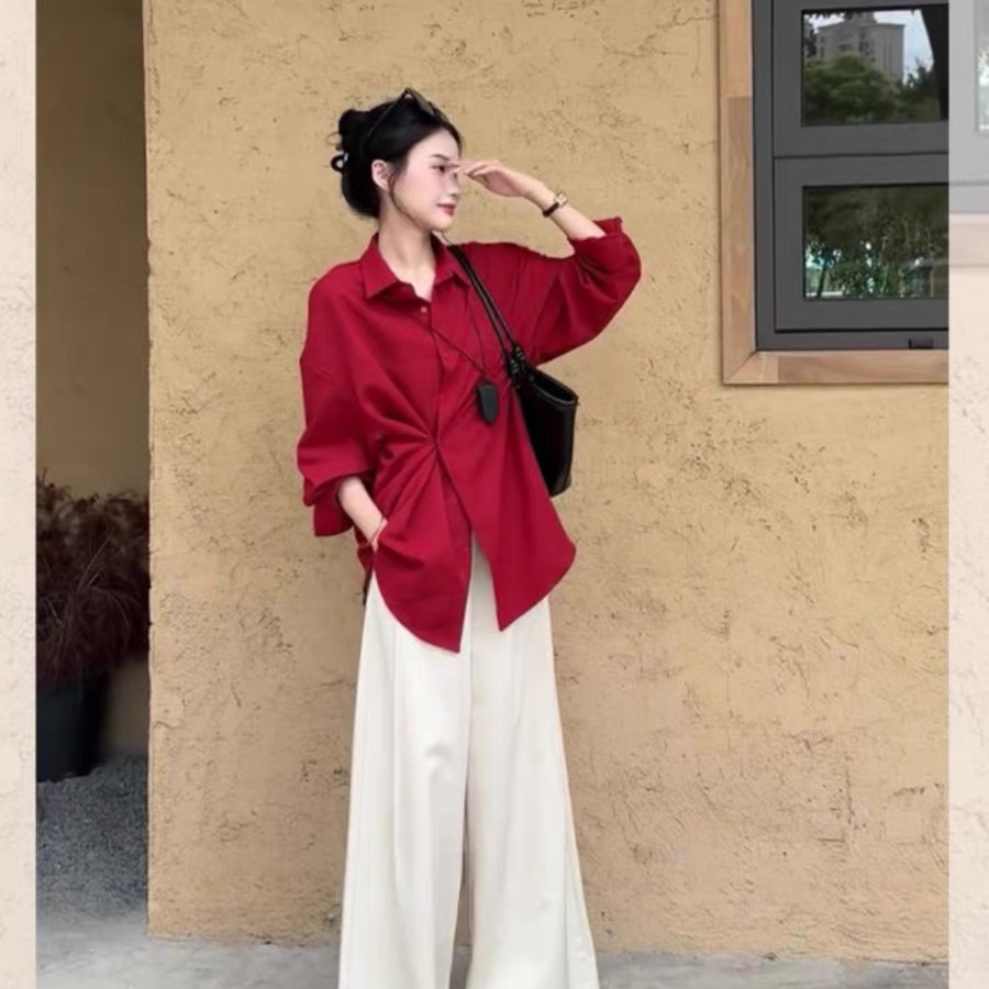 春上新！法式红色干练气质显瘦轻熟风衬衫高级感阔腿裤两件套装