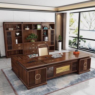新中式全实木老板办公桌组合总裁董事长办公室乌金木高档家具定制