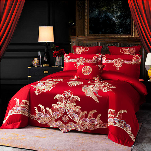 高档中式婚礼100支纯棉婚庆四件套 大红绣花全棉结婚床上用品龙凤