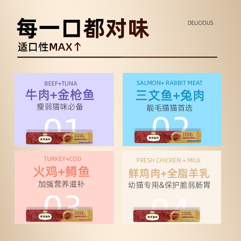 弗列加特主食猫条营养发腮增肥宠物长肉湿猫粮鸡肉牛肉非猫咪零食