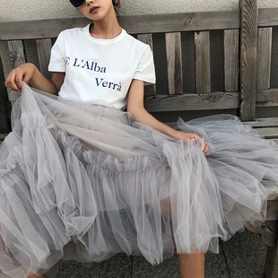 网纱裙女半身裙春夏矮个子2021高腰网纱蓬蓬裙长款 大摆白色荷叶边