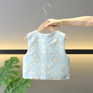 男童新中式唐装中国风高端宋锦女宝宝汉服马甲上衣2025新款春秋装