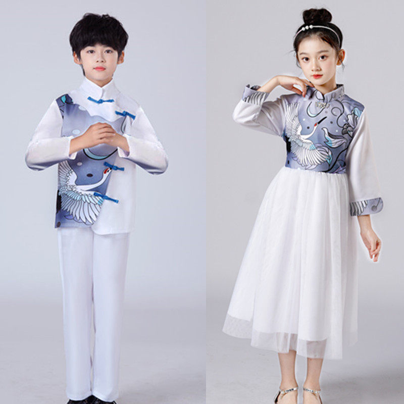 儿童古筝演出服小学生合唱服长袖中国风国学汉服大合唱团表演服装