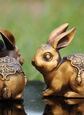 包邮纯铜兔子财富一对招财福字小号招财进宝生肖仿古黄铜卧室摆件