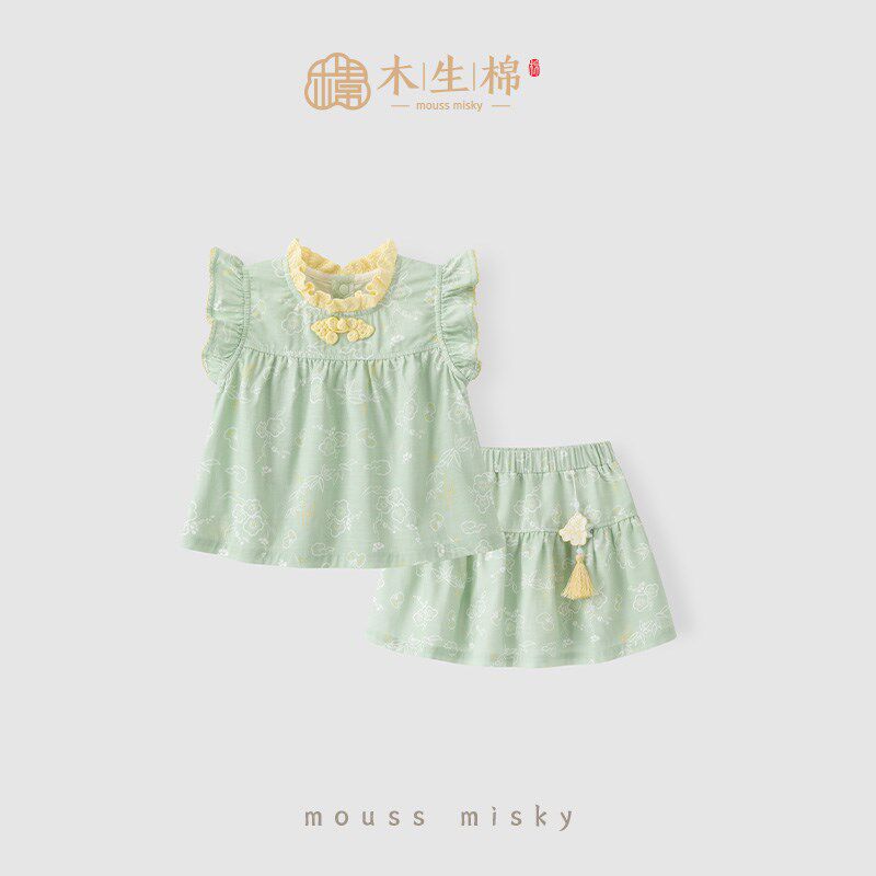婴儿背心短裙套装夏季薄款竹纤维女宝宝纱布两件套中式周岁礼衣服
