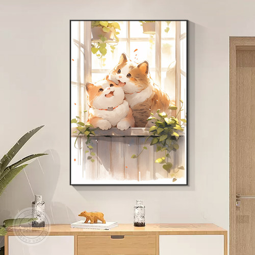 现代治愈系猫咪装饰画客厅沙发背景墙挂画竖版餐边柜壁画