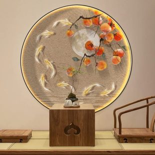 饰画轻奢高档圆形走廊过道壁纸新中式 九鱼图玄关装 柿子茶室壁画3d